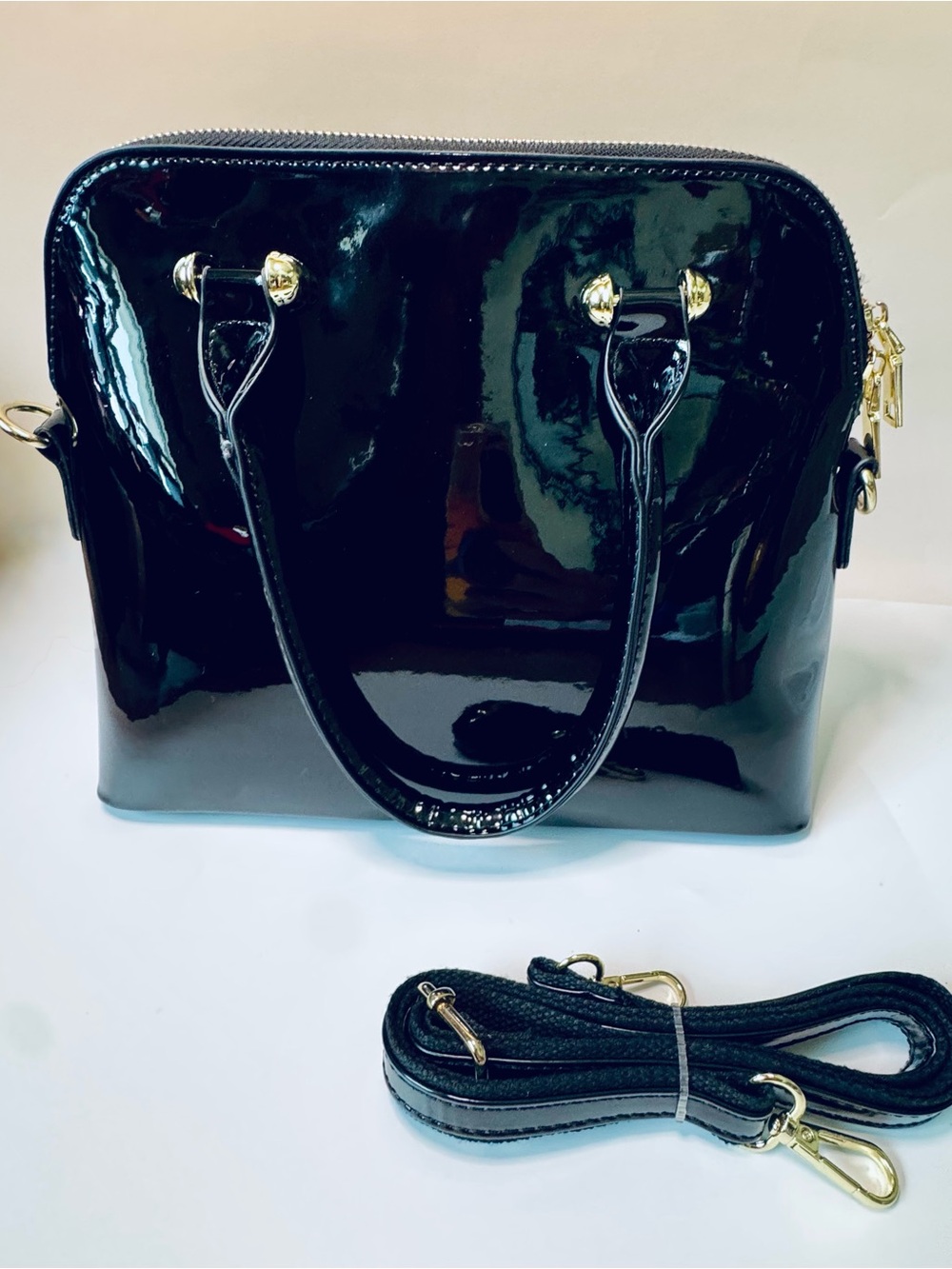 Unique Vintage NEW Black Patent Retro Top Handle Shoulder Bag w/ crossbody strap - Picture 2 of 14